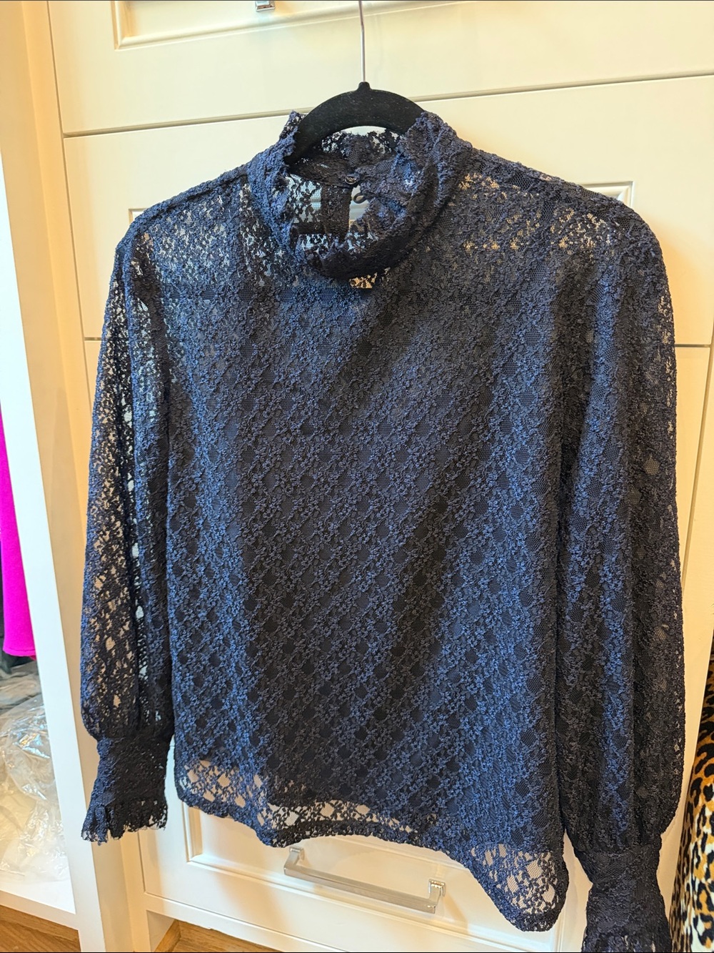 Sandro Paris Lace Mock-Neck Long Sleeve Blouse in Navy